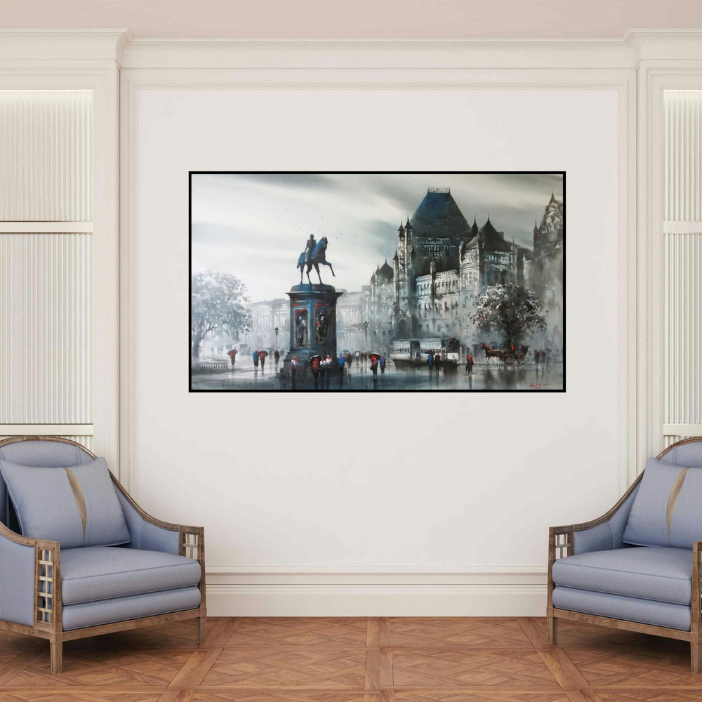 'Bombay Fort (Kala Ghoda)' painting by Ashif Hossain shown on a wall in a furnished room.