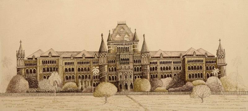Cityscape ink drawing titled 'Bombay High Court', 24x48 inches, by artist Aman A on Canvas