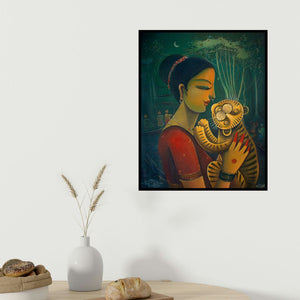 Sumon Naskar's 'Bonbibi' painting visualized above a sofa in a contemporary room.