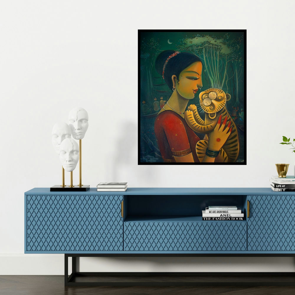 'Bonbibi' painting by Sumon Naskar shown on a wall in a furnished room.