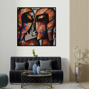 Jagannath Paul's 'Bond Of Love Series 2' painting visualized above a sofa in a contemporary room.