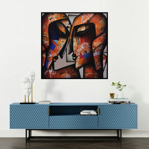 'Bond Of Love Series 2' painting by Jagannath Paul shown on a wall in a furnished room.