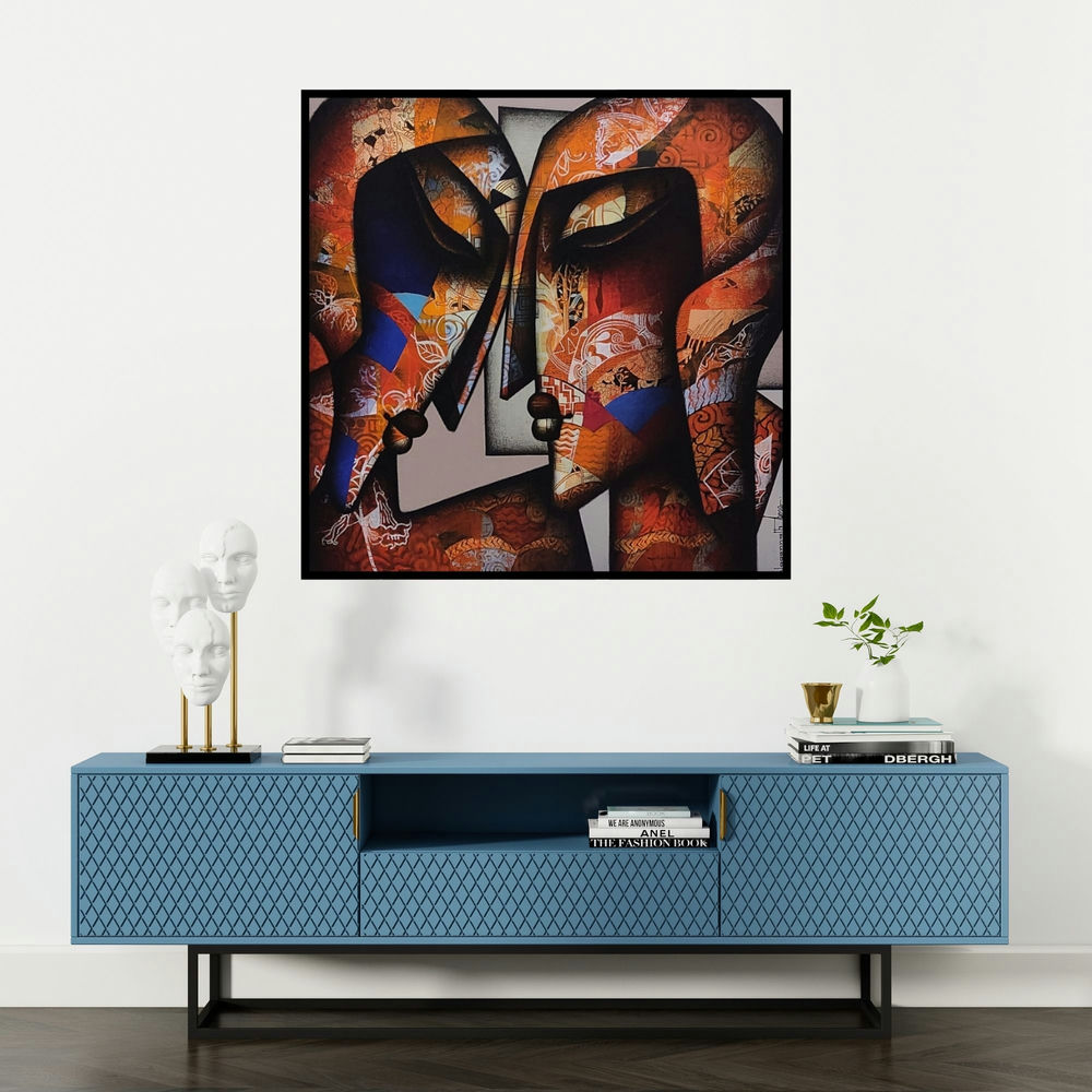 'Bond Of Love Series 2' painting by Jagannath Paul shown on a wall in a furnished room.