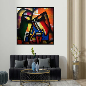 Jagannath Paul's 'Bond Of Love Series' painting visualized above a sofa in a contemporary room.