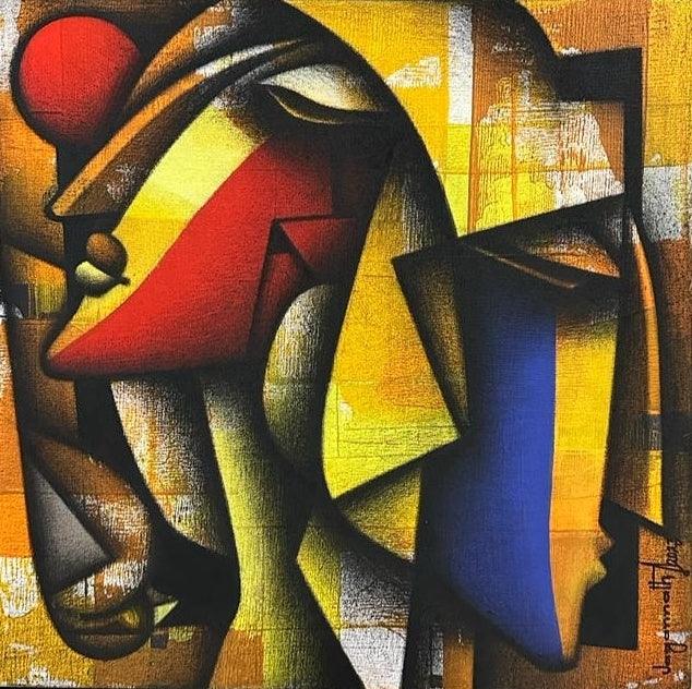 Figurative acrylic charcoal painting titled 'Bond Of Love 7', 24x24 inches, by artist Jagannath Paul on Canvas