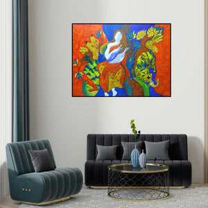 Hariom Kuthwaria's 'Bonding With Nature (The Interconnected Realm)' painting visualized above a sofa in a contemporary room.