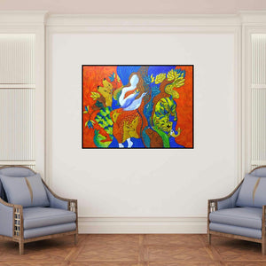 'Bonding With Nature (The Interconnected Realm)' painting by Hariom Kuthwaria shown on a wall in a furnished room.