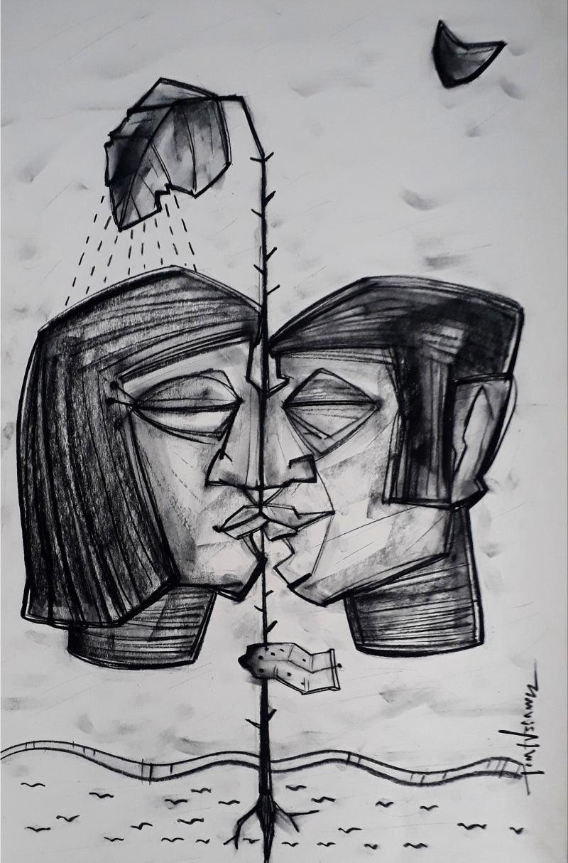 Figurative charcoal drawing titled 'Boundary', 27x17 inches, by artist Pintu Biswas on 300 Gsm Paper