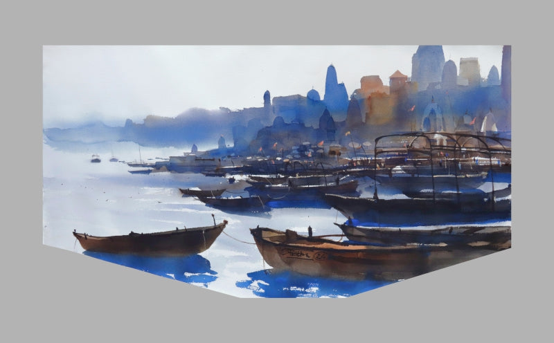 'Boundless Spirituality' seascape watercolor painting by artist Prashant Prabhu, 25x45 inch, on paper