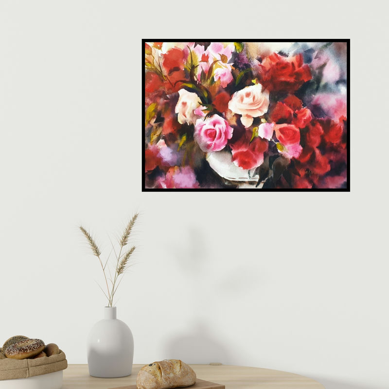 In-situ view of Puja Kumar's 'Bouquet (A Symphony of Roses**)' painting in a room