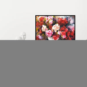 Preview of 'Bouquet (A Symphony of Roses**)' Painting by Puja Kumar shown on a wall in a furnished room.