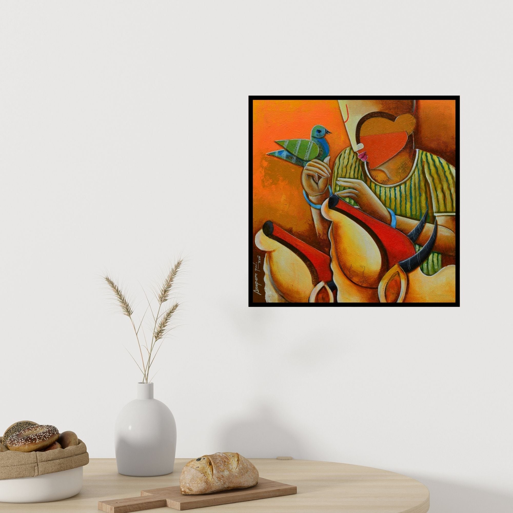 In-situ view of Anupam Pal's 'Bovine Frandship' painting in a room