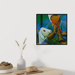 In-situ view of Anupam Pal's 'The Bovine Friendship' painting in a room