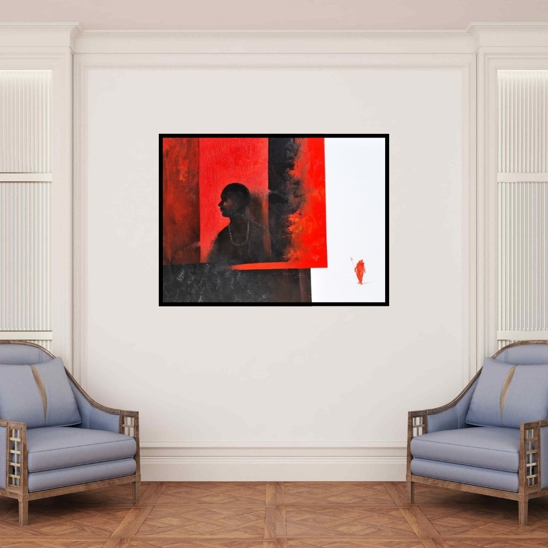 In-situ view of Narayan Shelke's 'The Boy (Path to Enlightenment: A Journey of Guidance)' painting in a room