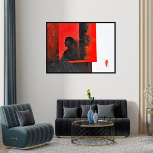 Preview of 'The Boy (Path to Enlightenment: A Journey of Guidance)' Painting by Narayan Shelke shown on a wall in a furnished room.