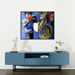 Manohar Rathod's 'A Boy With Red Ballon' painting visualized above a sofa in a contemporary room.