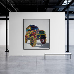 Preview of 'Brabus Car (Vibrant Off-Roader**)' Painting by Murali Thrigulla shown on a wall in a furnished room.