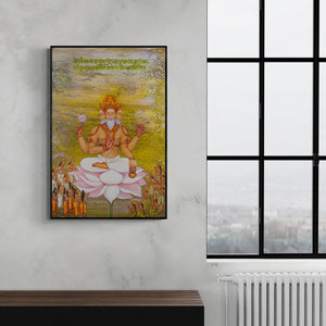 Shivani Attri's 'Brahma (The Celestial Assembly)' Painting visualized above a sofa in a contemporary room