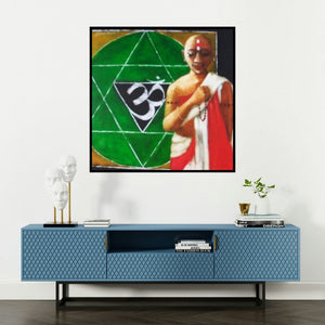 'Bramhin 1' painting by Shankar Kendale shown on a wall in a furnished room.