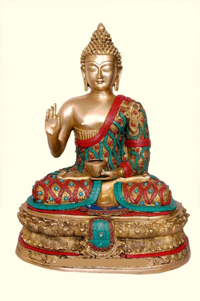 Religious craft titled 'Brass Buddha With Coral Stones', 20x17 inches, by artist Brass Art on Brass