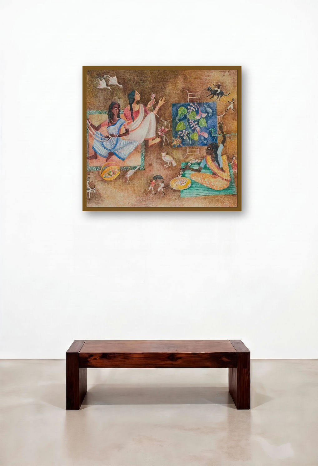 Brata (Village Life) by artist Arpita Basu displayed in a Mid-Century Modern Hotel Suite