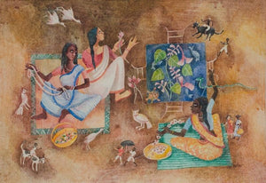 Brata (Village Life) by Arpita Basu, Original Watercolor Figurative Painting on Paper, Medium Horizontal Wall Art