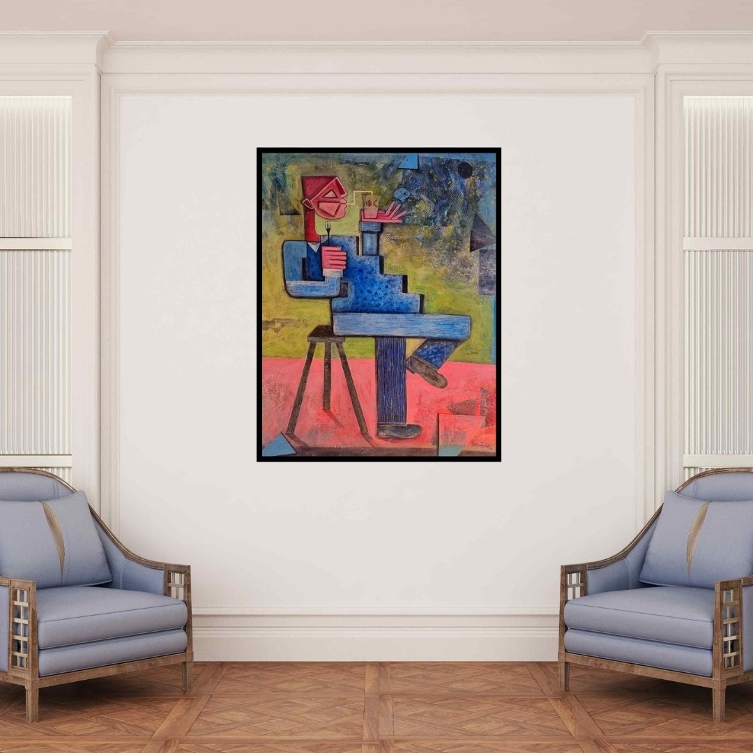 In-situ view of Amit Rajvanshi's 'Breakfast (Dining in Abstraction)' painting in a room