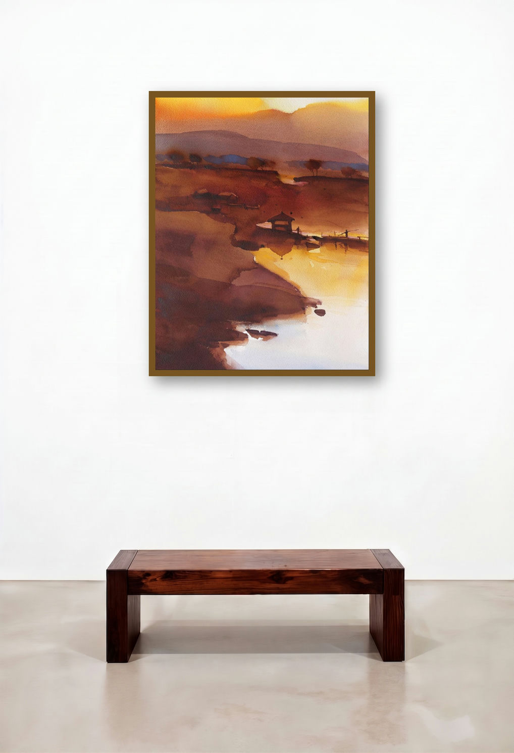 Breaking Dawn Hues (Golden Hour) by artist Prashant Prabhu displayed in a Mid-Century Modern Living Room