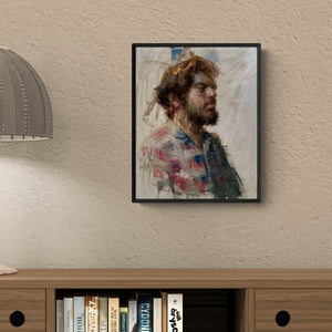 Preview of 'Breaktime Work (A Portrait of Abhijeet B. Patole)' Painting by Abhijeet Patole shown on a wall in a furnished room.