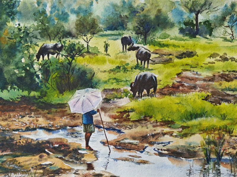 'A Breath Of Fresh Air' figurative watercolor painting by artist Lasya Upadhyaya, 12x16 inch, on paper