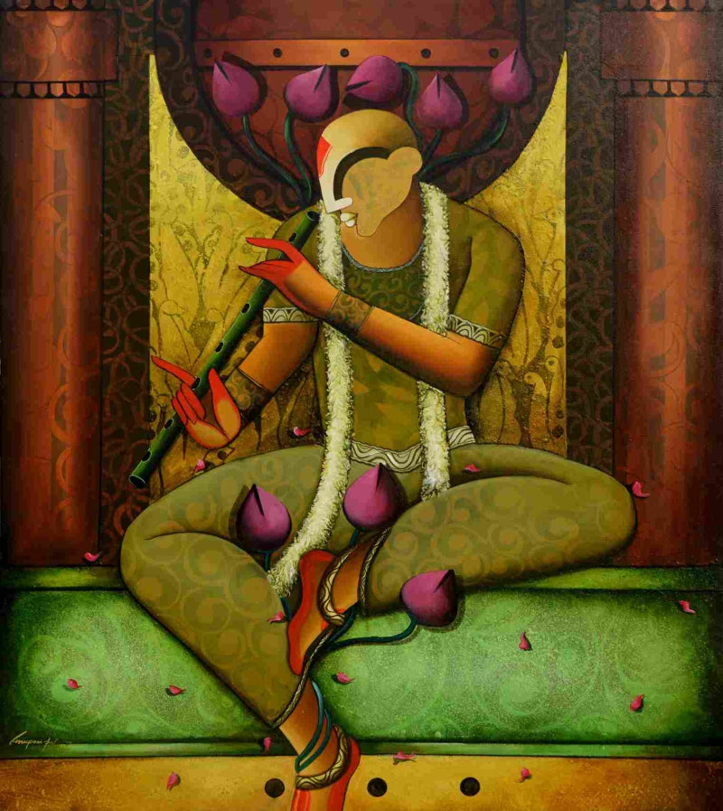 'A Breath Of Music' figurative acrylic painting by artist Anupam Pal, 54x48 inch, on canvas