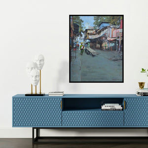 'Breathing Lights 4 (Life on the Move)' painting by Pramod Jagtap shown on a wall in a furnished room.