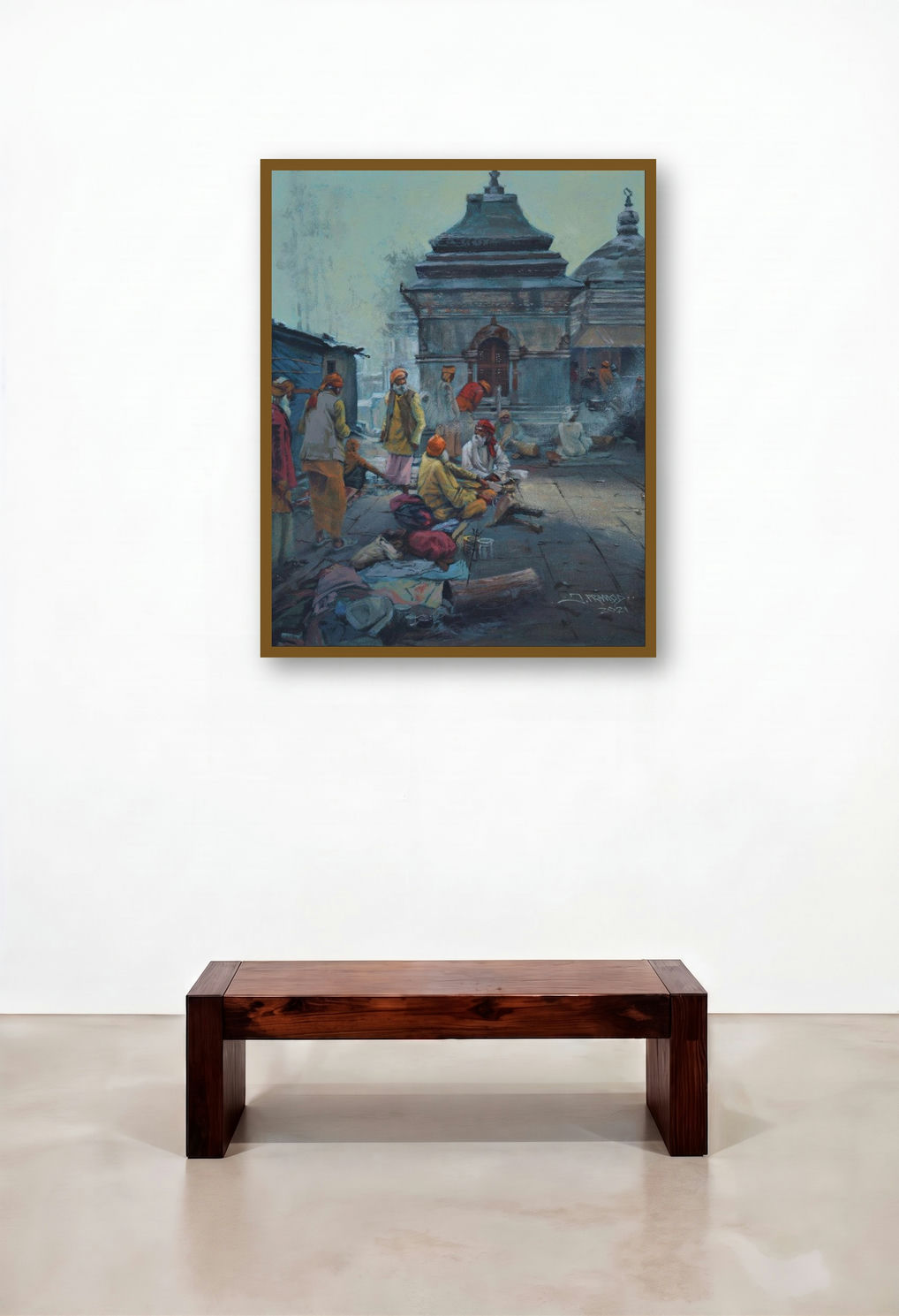 Breathing Lights 9 (Dawn at the Ghat) by artist Pramod Jagtap displayed in a Scandinavian Penthouse