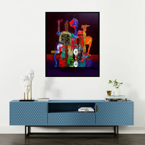 Sheetal Singh's 'Bridal Procession' painting visualized above a sofa in a contemporary room.