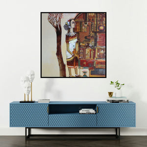 'Bride (A Moment of Reflection)' painting by Shilpa Bansod shown on a wall in a furnished room.