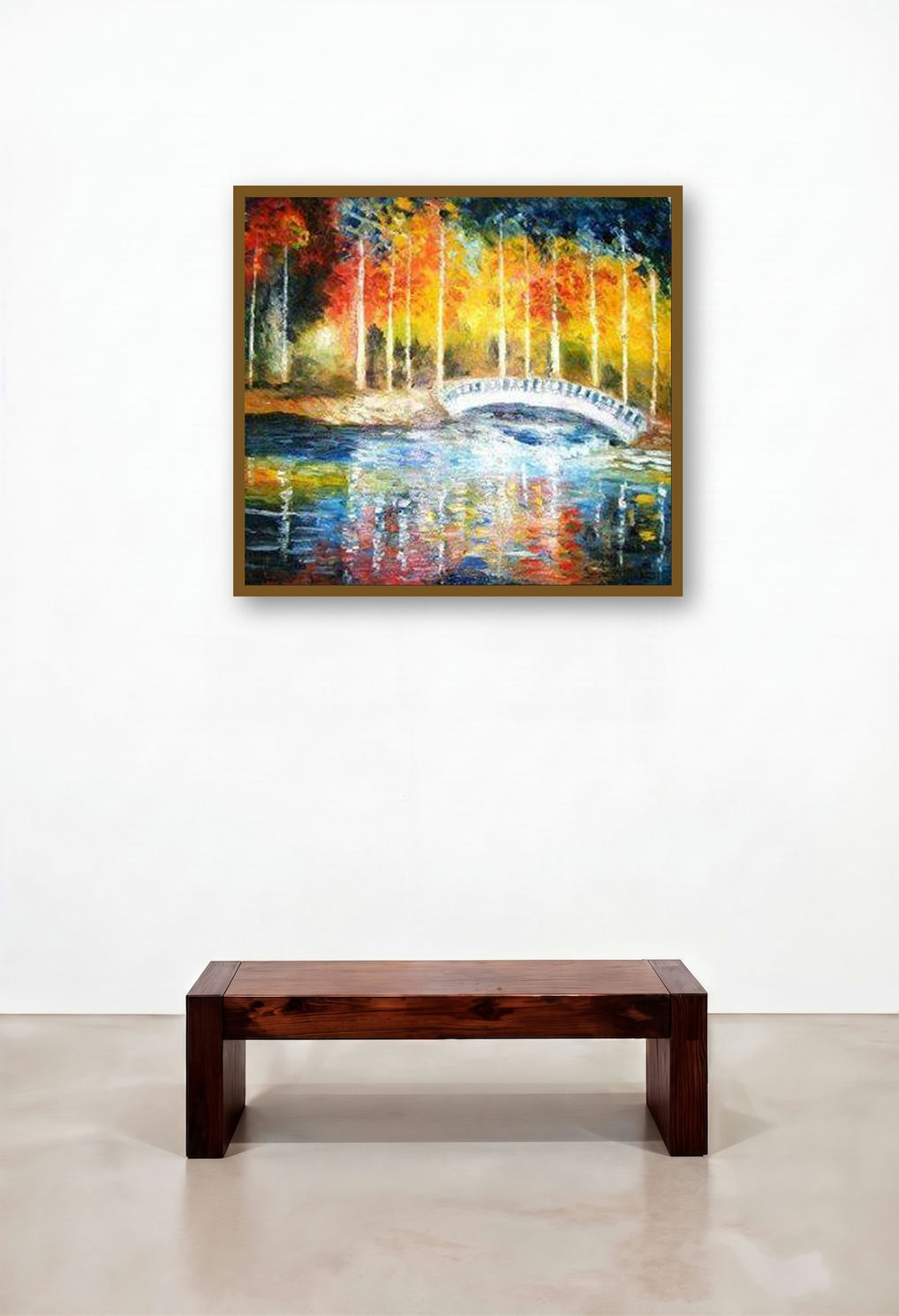 Bridge Over My River (Autumns Embrace) by artist Kiran Bableshwar displayed in a Art Deco Bedroom