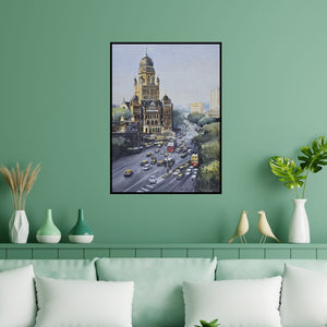 Preview of 'Brihanmumbai Municipal Corporation (Heart of Mumbai)' Painting by Ranabir Saha shown on a wall in a furnished room.