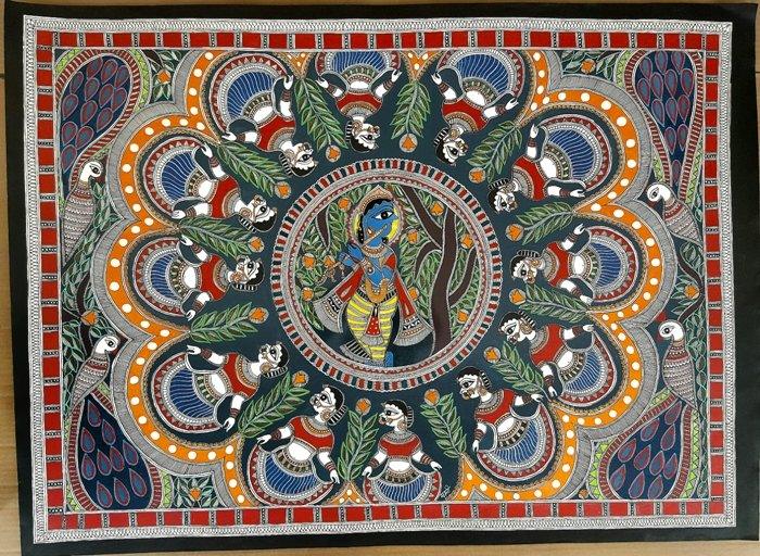 Folk Art tribal painting titled 'Brindavan Raas Of Krishna Madhubani Art', 30x22 inches, by artist De Kulture Works on Handmade Paper