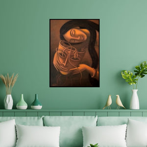 Preview of 'Broken Dream' Painting by Uttam Bhattacharya shown on a wall in a furnished room.