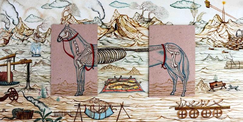 contemporary mixed media painting titled 'Broken Horse On The Broken Land', 12x24 inches, by artist Digbijayee Khatua on Paper