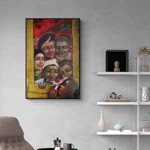 Apet Pramod's painting 'Broken Windows 1 (Divided City)' displayed in a modern living room setting