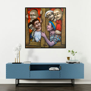 'Broken Windows (A Portrait of Pramod Apet)' painting by Apet Pramod shown on a wall in a furnished room.