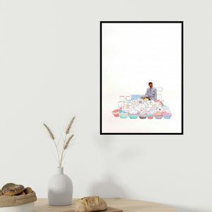 Biplab Sarkar's 'Buddh Bazaar (A Mountain of Plastic)' painting visualized above a sofa in a contemporary room.