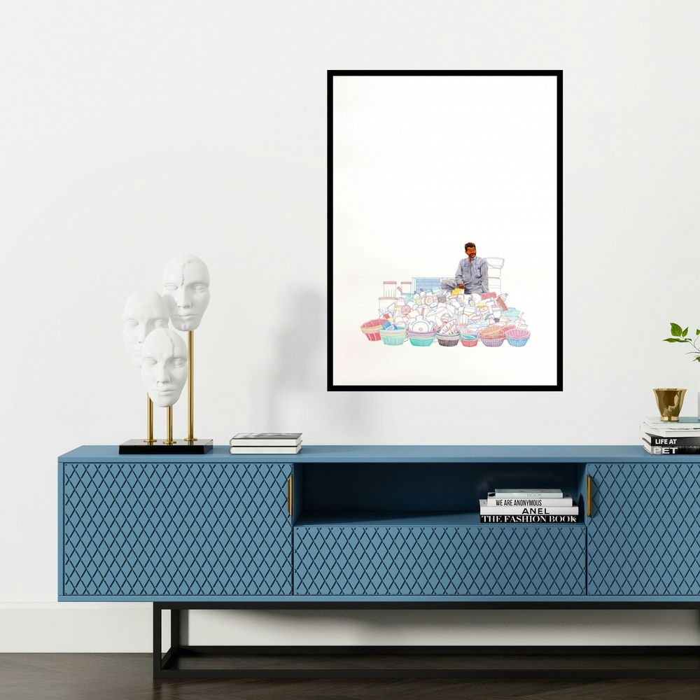 'Buddh Bazaar (A Mountain of Plastic)' painting by Biplab Sarkar shown on a wall in a furnished room.