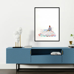 'Buddh Bazaar (A Mountain of Plastic)' painting by Biplab Sarkar shown on a wall in a furnished room.