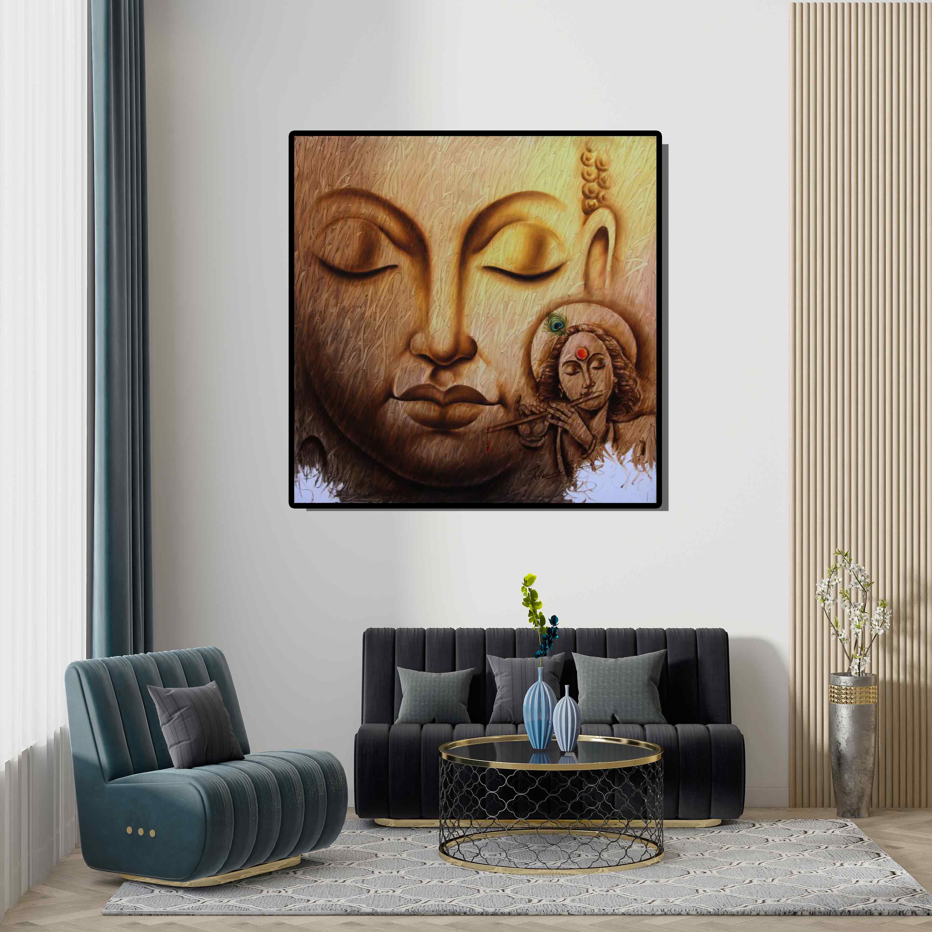 In-situ view of Prince Chand's 'Buddha 1 (Buddha and Krishna Inner Harmony)' painting in a room