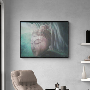 Preview of 'Buddha (Buddha's Peaceful Presence)' Painting by Seema Jain shown on a wall in a furnished room.