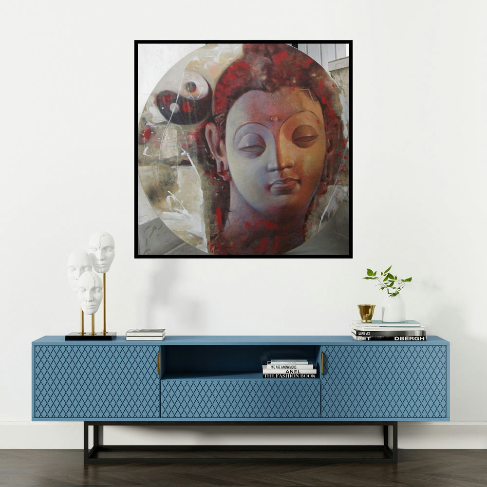 'Buddha 14 (Harmony and Enlightenment Buddha and the Yin-Yang)' painting by Ashis Mondal shown on a wall in a furnished room.