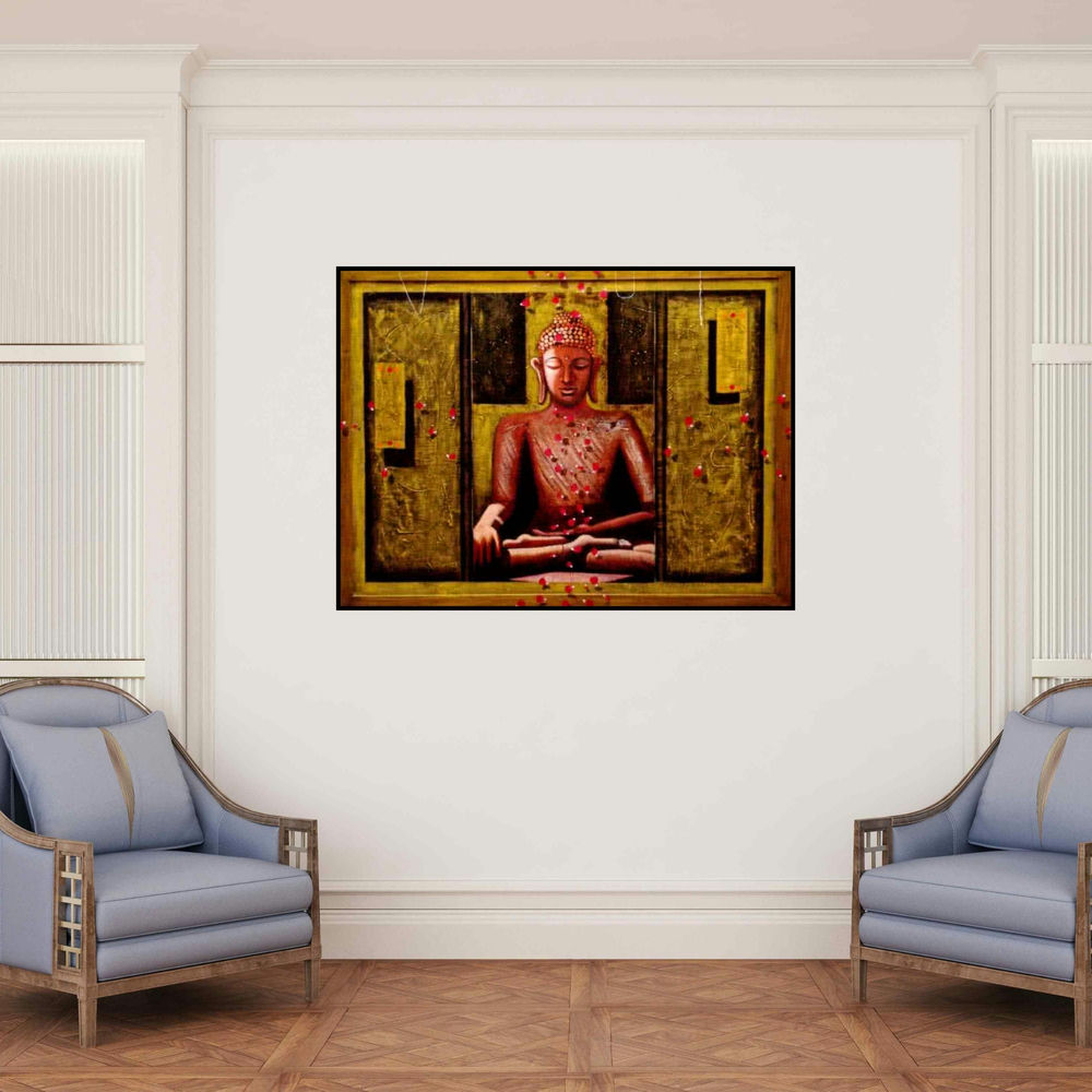 'Buddha 15' painting by Anurag Jadia shown on a wall in a furnished room.