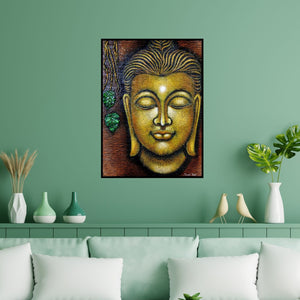 Preview of 'Buddha (Serene Buddha)' Painting by Ramesh Patel shown on a wall in a furnished room.